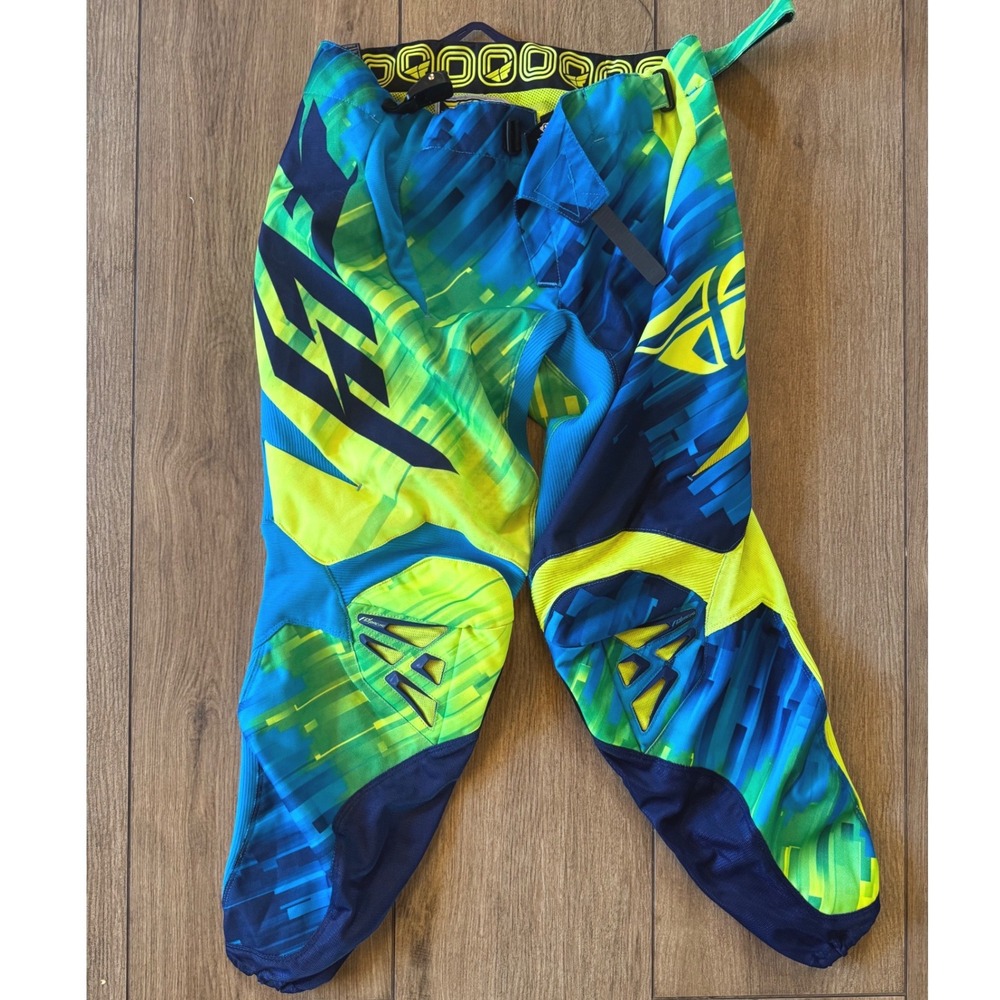 Fly Racing Kinetic Glitch Motocross Pants Blue Neon Yellow Size 34 MX Gear